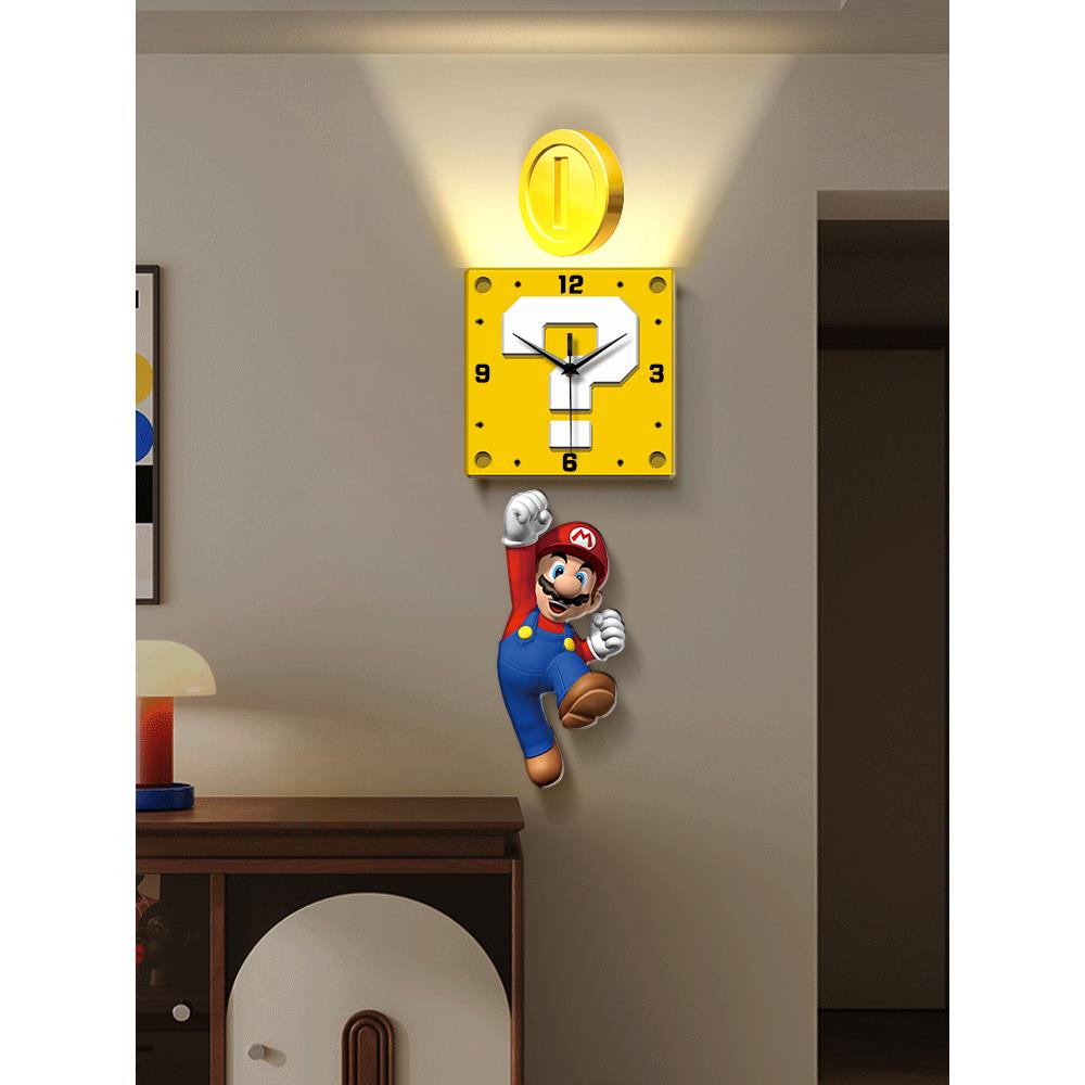 马里2奥客挂厅钟家用艺MTR术钟表静挂墙表205新款卡通音创意时钟