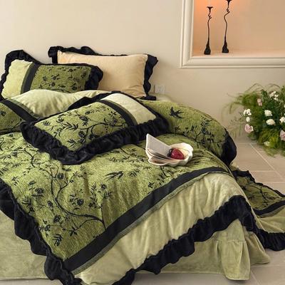 YFK风法式轻奢复古牛奶绒秋冬四套印花褶皱花边珊瑚被绒套加厚件