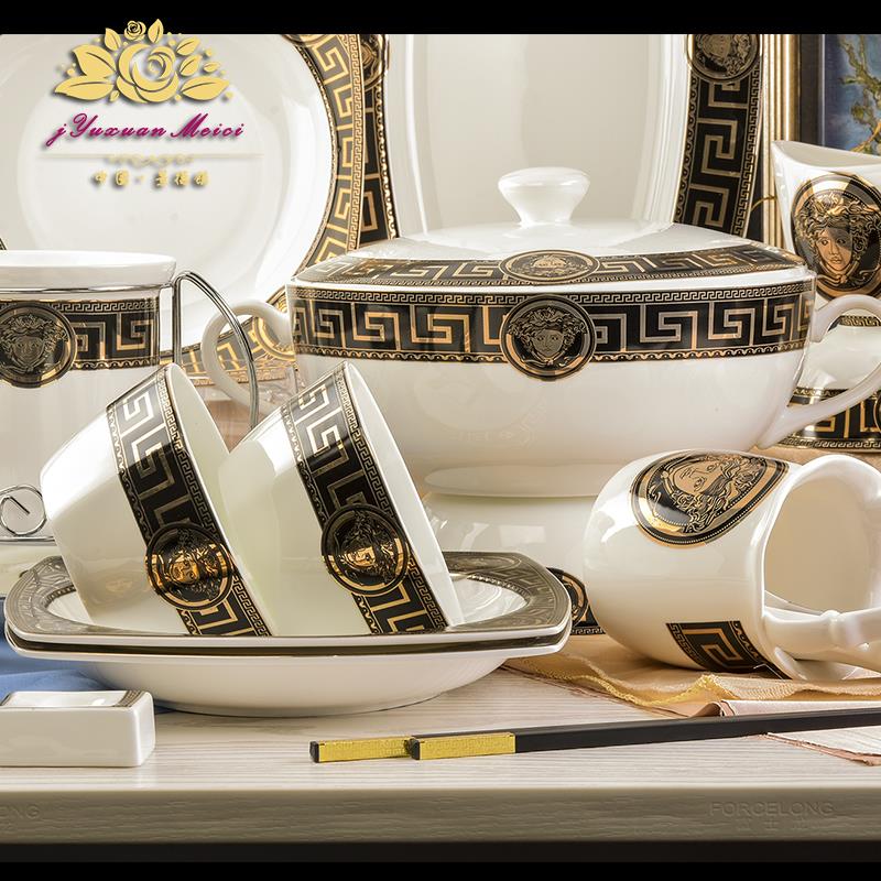 高档餐黑底海派具套组72件 欧式 奢华家用景德镇骨瓷碗方形碟 自