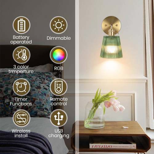 复古充电壁灯带RGB灯泡彩光遥控卧室床头灯玻璃条纹灯罩壁灯