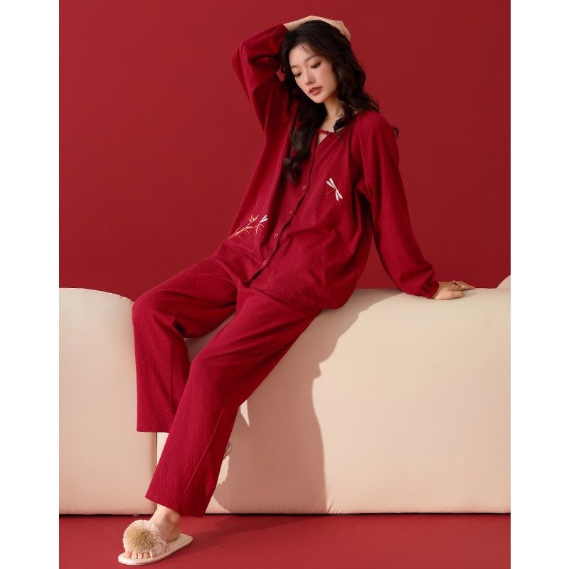 女士春秋款高g级感提花棉长袖结婚红色中式风家居服本命年套装,女士内衣/男士内衣/家居服,睡衣/家居服套装,淘宝优惠券,粉丝福利购,淘宝优惠卷