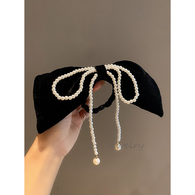 法式优雅珍珠黑色丝绒蝴蝶结发饰高级感气质顶夹后脑勺扎头绳新款