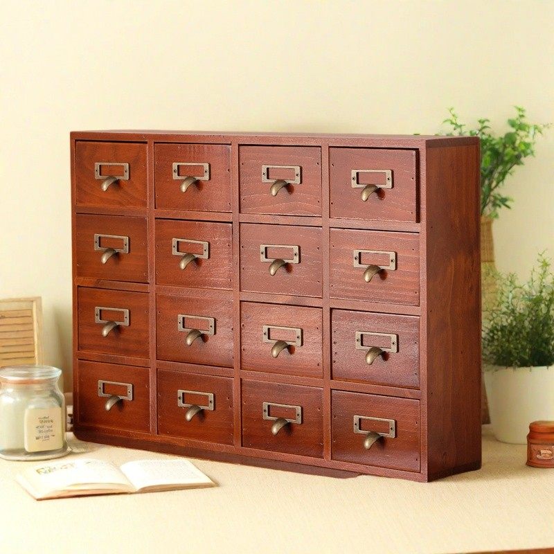 复古木质抽屉式药柜桌面收纳柜化妆品饰品木盒子中药材小型收纳柜