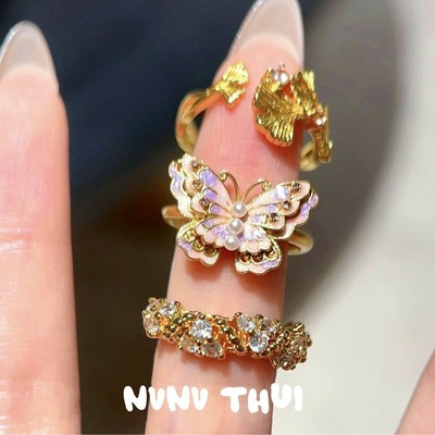 古法花丝螺钿 流光珐琅彩蝴蝶戒指 玲珑花蝶花藤排列锆石戒指套装