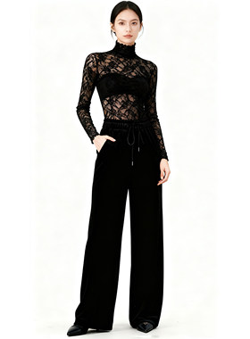 Black Canvas极简风黑丝绒高腰阔腿裤女系带松紧腰宽松休闲高智风