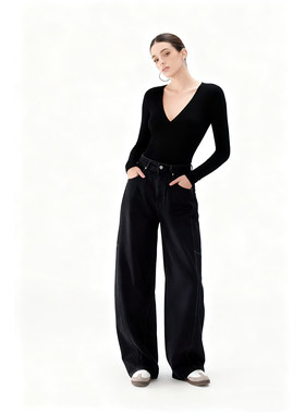 Black Canvas黑蓝色弯刀牛仔裤女宽松阔腿裤高腰休闲廓形高智风