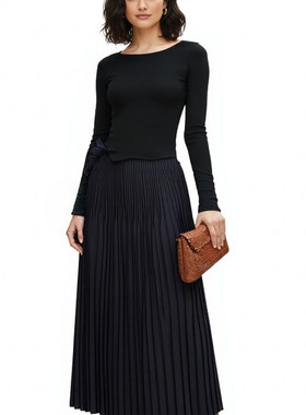 Black Canvas极简高智风黑色百褶半身裙女中长款垂坠高腰裙高智风