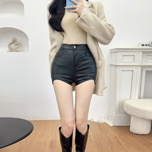 黑色高腰皮短裤 女秋冬韩版 紧身弹力三分外穿打底pu皮包臀百搭靴裤