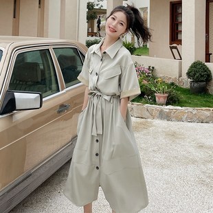 宽松显瘦休闲长裙 法式 青灰色polo领连衣裙女2024夏季 衬衫 裙子韩版