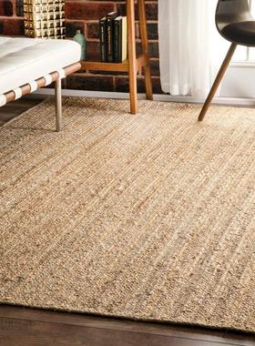 手工黄麻地毯客厅茶室亚麻侘寂风欧编草编藤北室床卧边毯普拉亚（