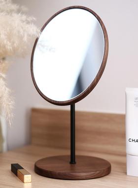镜胡桃实木化妆镜台式PIO桌面折叠梳镜妆便携随身简约原木高黑清