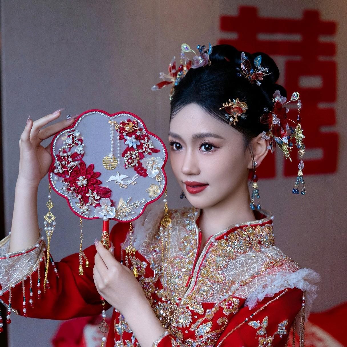 GUY团扇新结婚禾红秀色料材包扇子婚礼手工婚扇高娘级喜扇成品