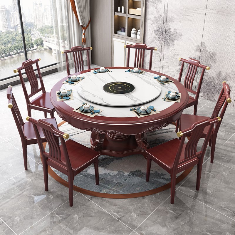 新中式实木岩板餐桌椅组合带转盘大圆桌酒店餐厅包厢10人吃饭桌