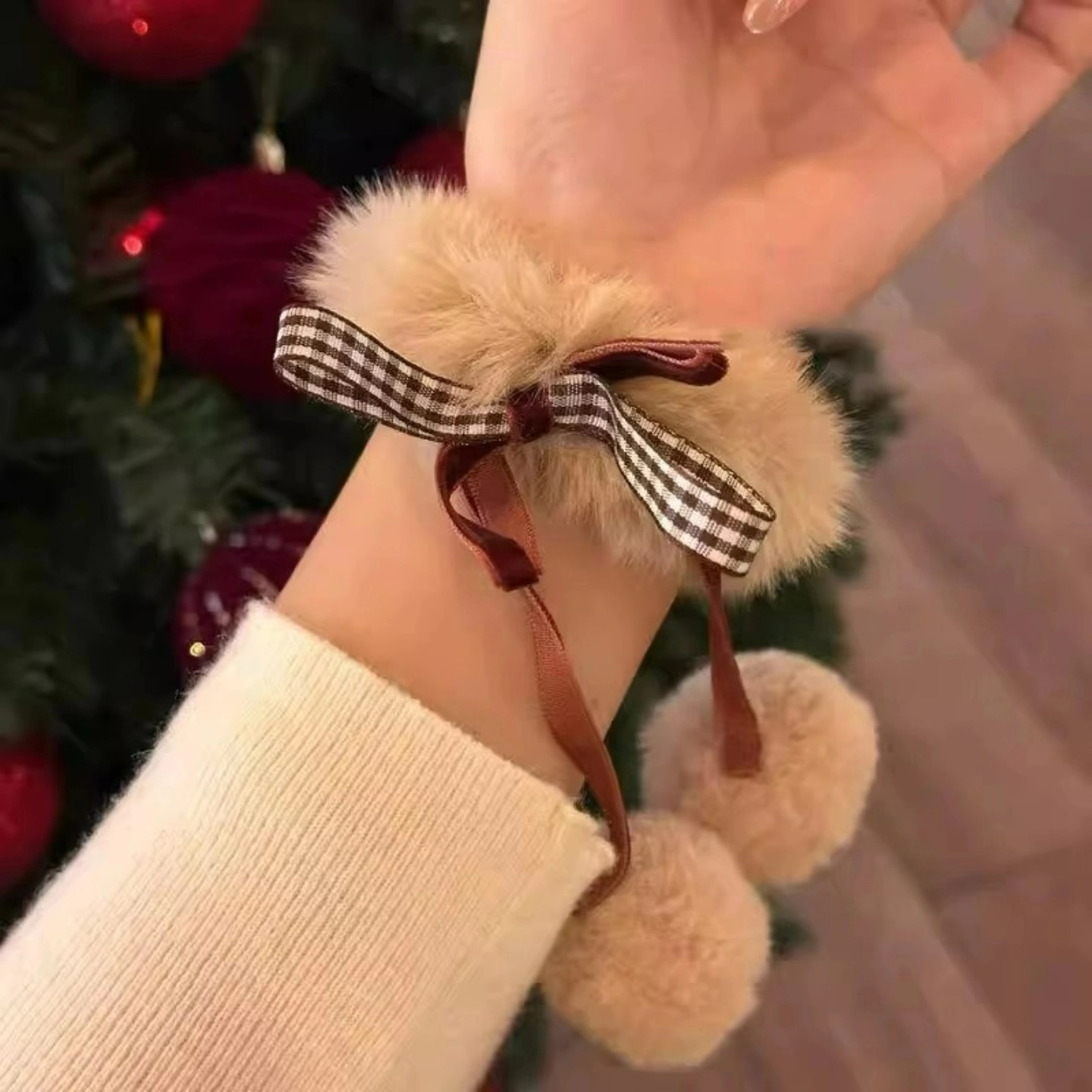 韩系甜美格纹蝴蝶结毛绒发圈