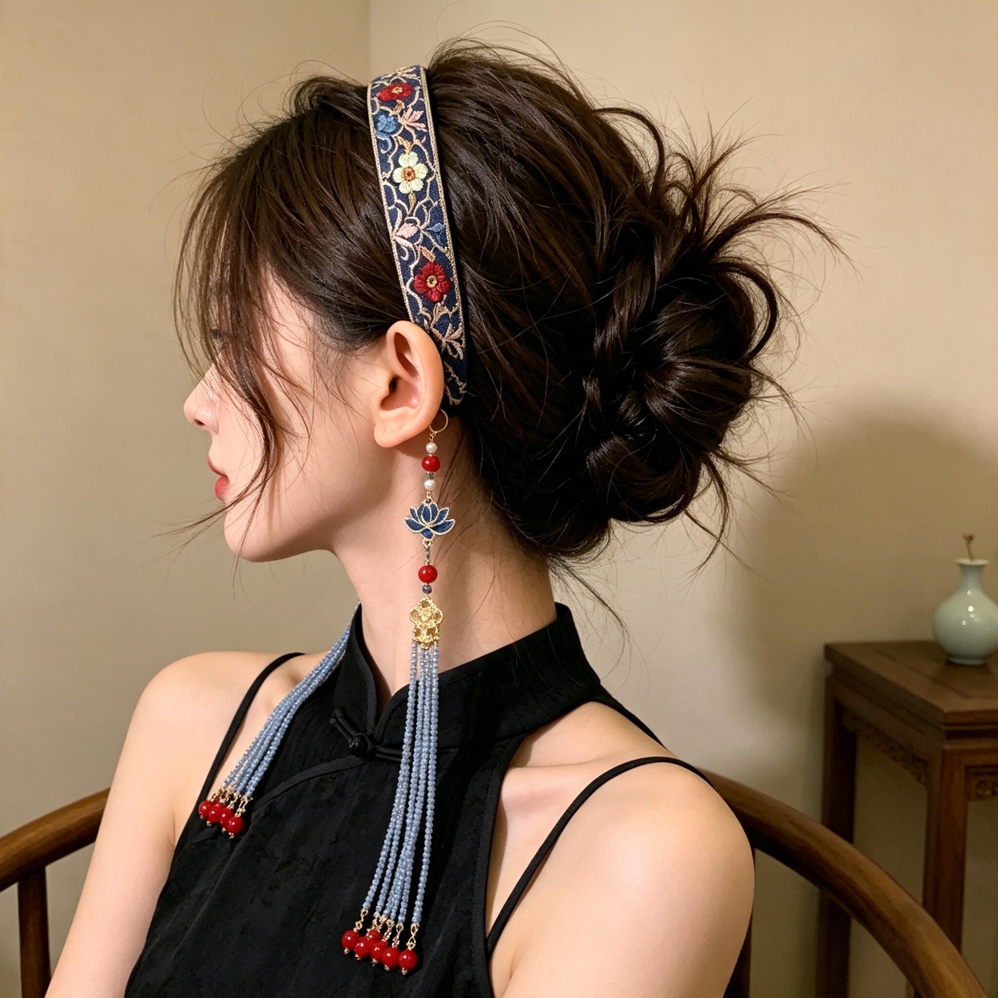 云锦香纱~民族风藏青色印花头箍古典气质莲花珠串流苏头箍盘发器