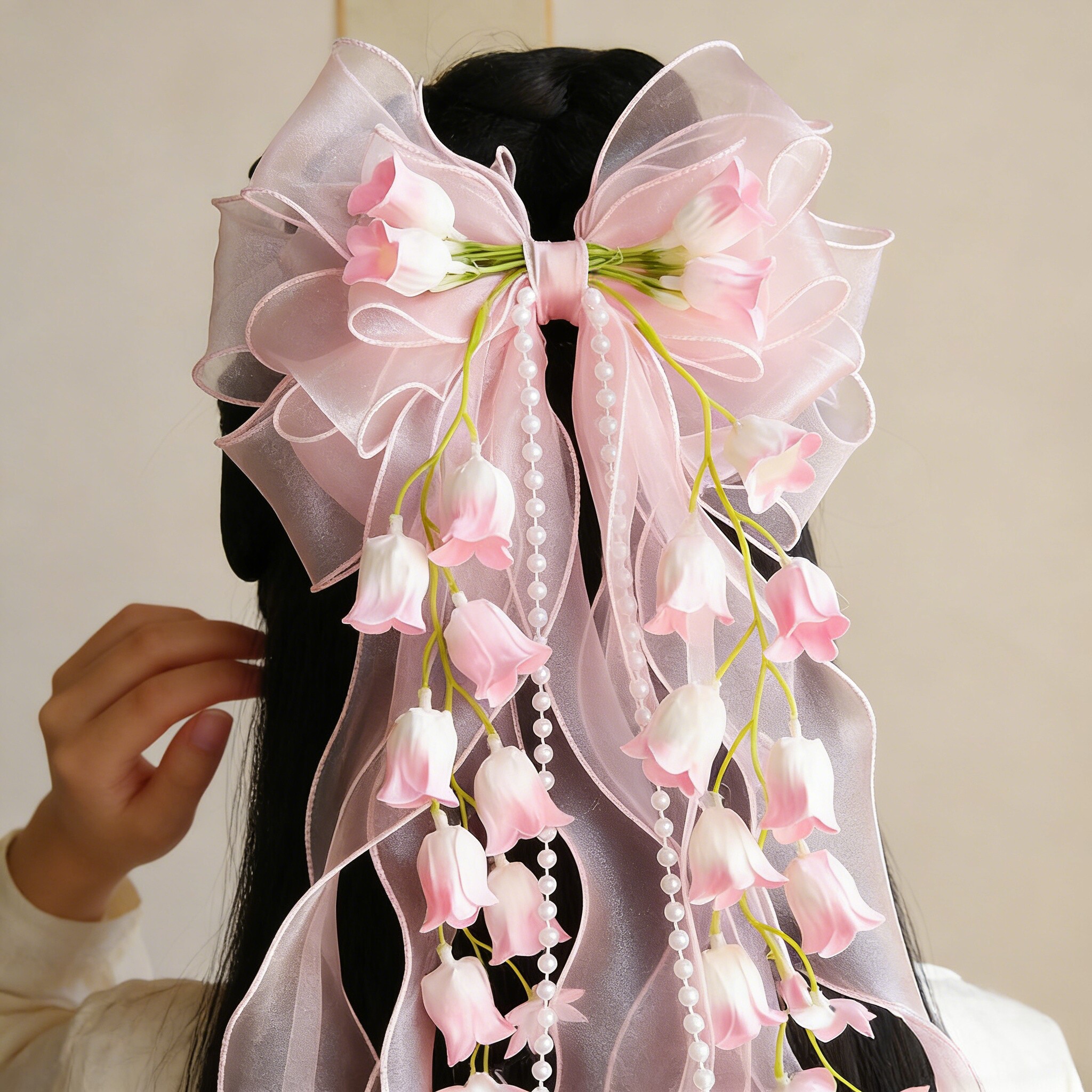 新款春蝴蝶结铃兰花甜美可爱女孩发饰日常古装长飘带发夹后压头饰