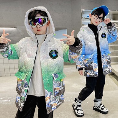 儿童羽绒棉服中长款男童2025冬季新款时尚连帽中大童加绒加厚外套