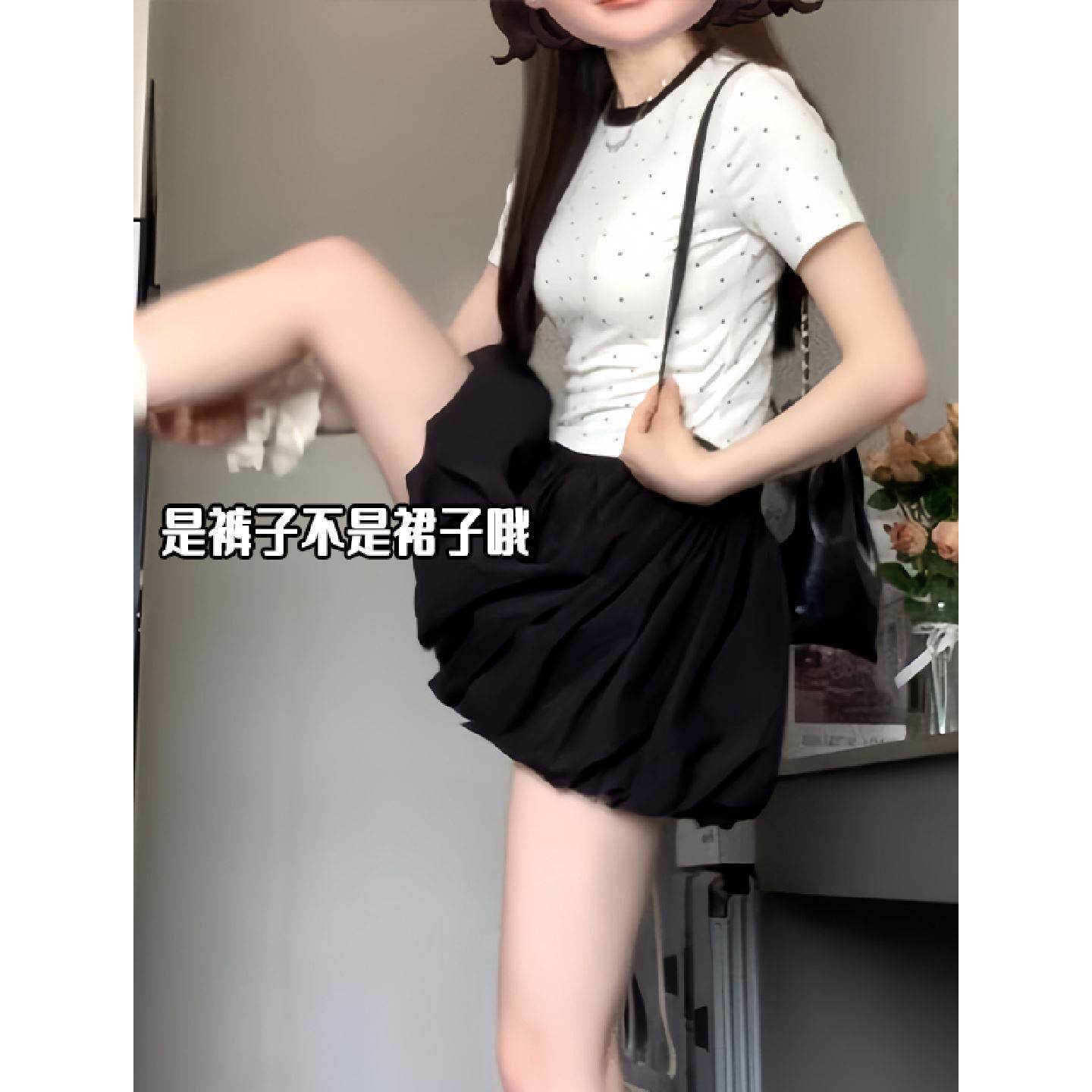 花苞短裙子黑色裙裤女夏2025新款小个子高腰休闲显瘦半身裙垂坠感