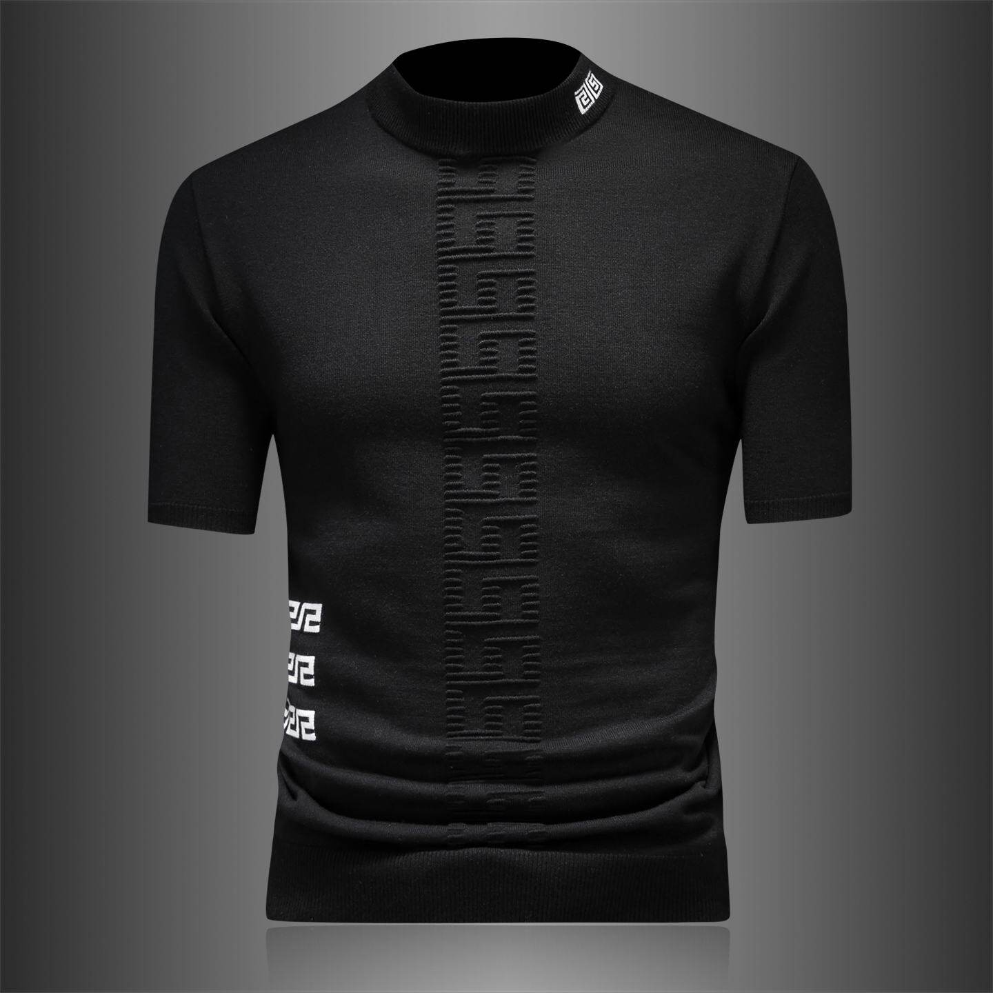 欧洲站短袖羊毛衫男士秋冬季新款半高领刺绣针织轻奢半袖毛衣打底