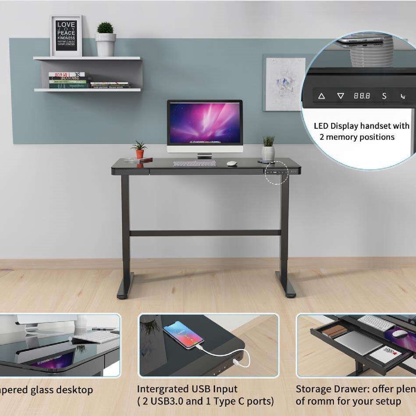 Joyworker钢化玻璃电动升降桌单电机桌架电脑桌