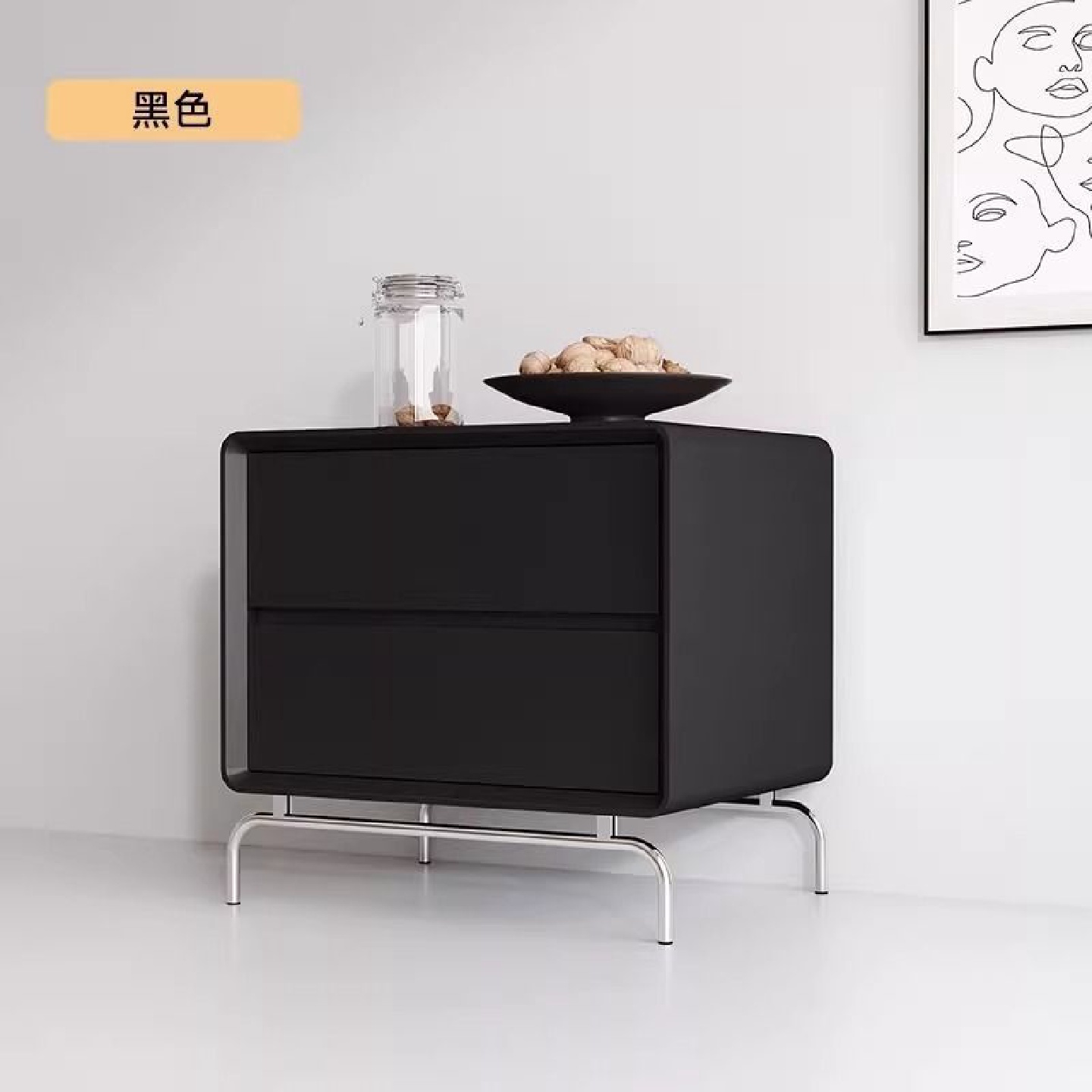 家用卧室实木黑色床头柜简约现代风收纳床边柜轻奢创意家用储物柜