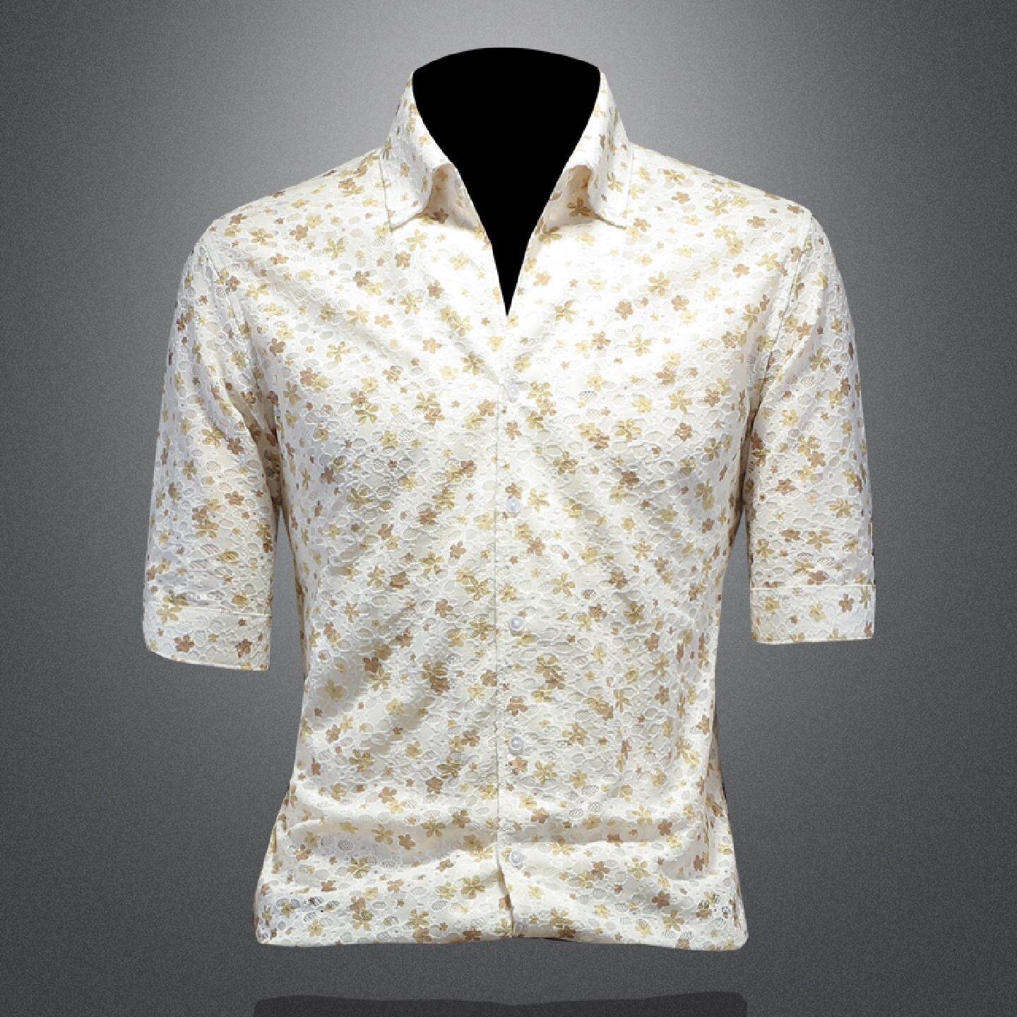 欧洲站薄款领中袖花衬衫男短袖夏季新款蕾丝透气立领五分袖衬衣潮