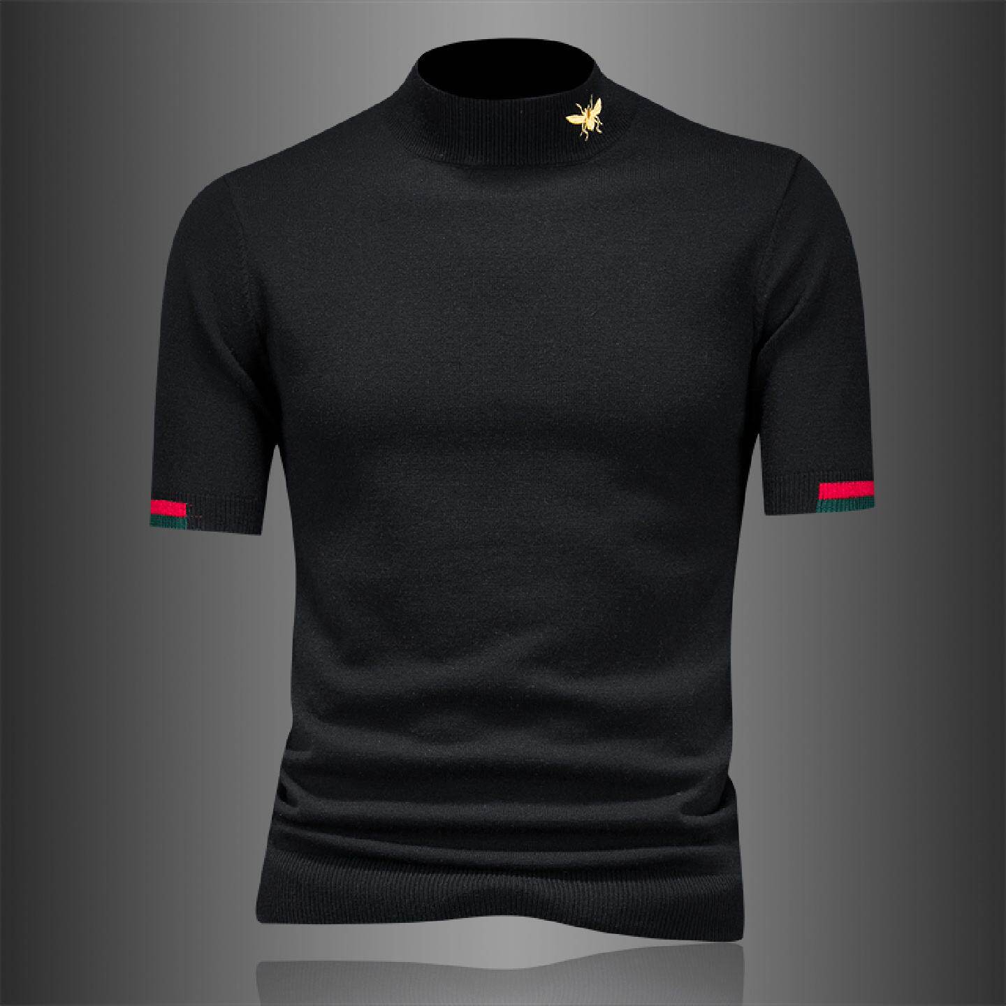欧洲站潮牌小蜜蜂刺绣短袖羊毛衫男秋冬季新款半高领半袖针织毛衣