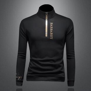 欧洲站刺绣套头长袖恤男年春季新款修身打底衫时尚立领上衣潮男装