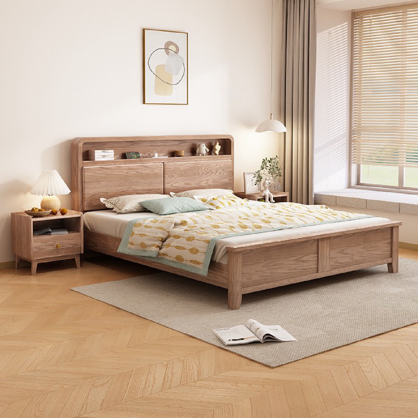 北欧白蜡木实木床现代简约主卧室小户型床头软包储物民宿单双人床