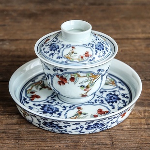 仿古青花盖碗景德镇陶瓷功夫茶具泡茶碗家用三才盖碗泡茶盖杯壶承