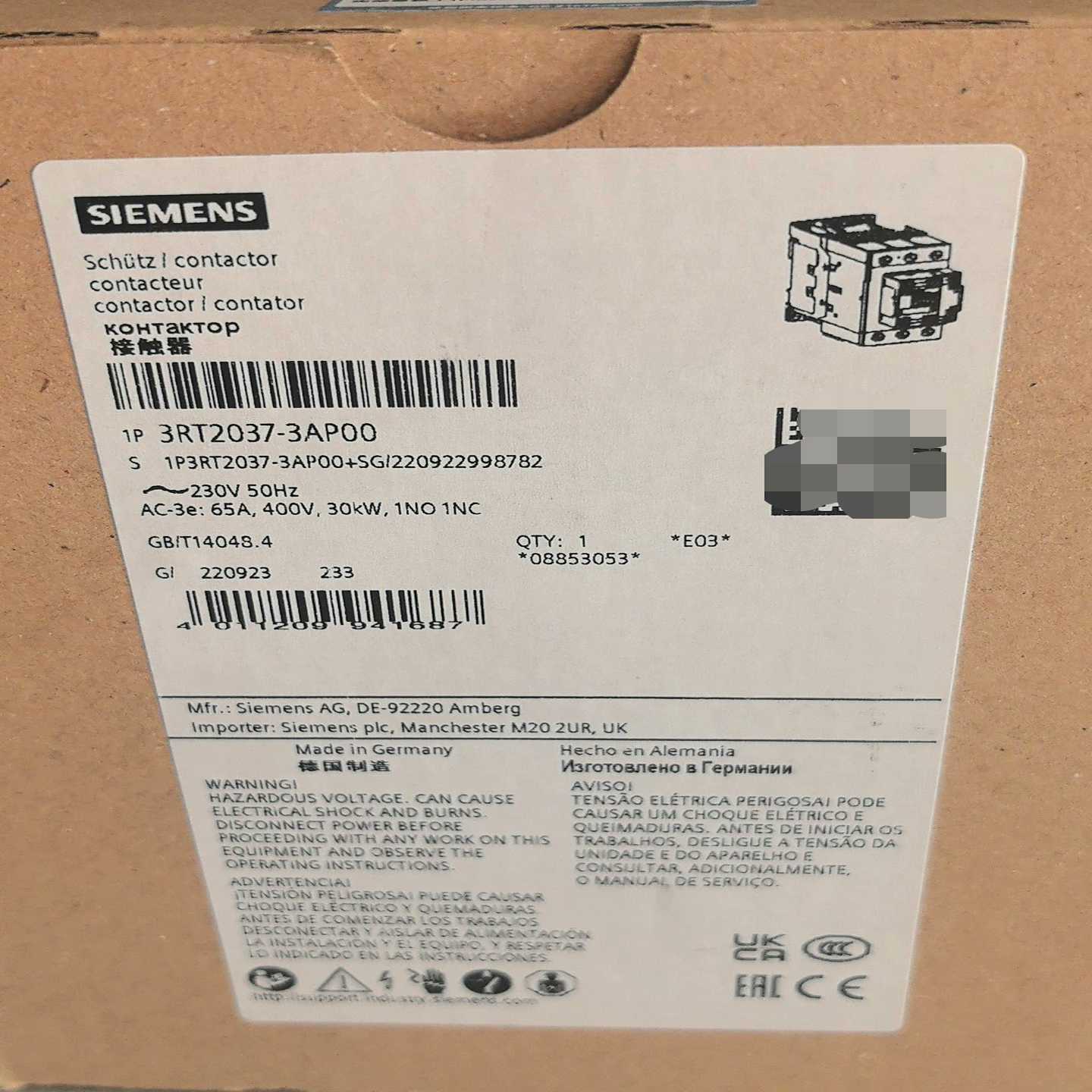 3RT2037-3AP00接触器询价