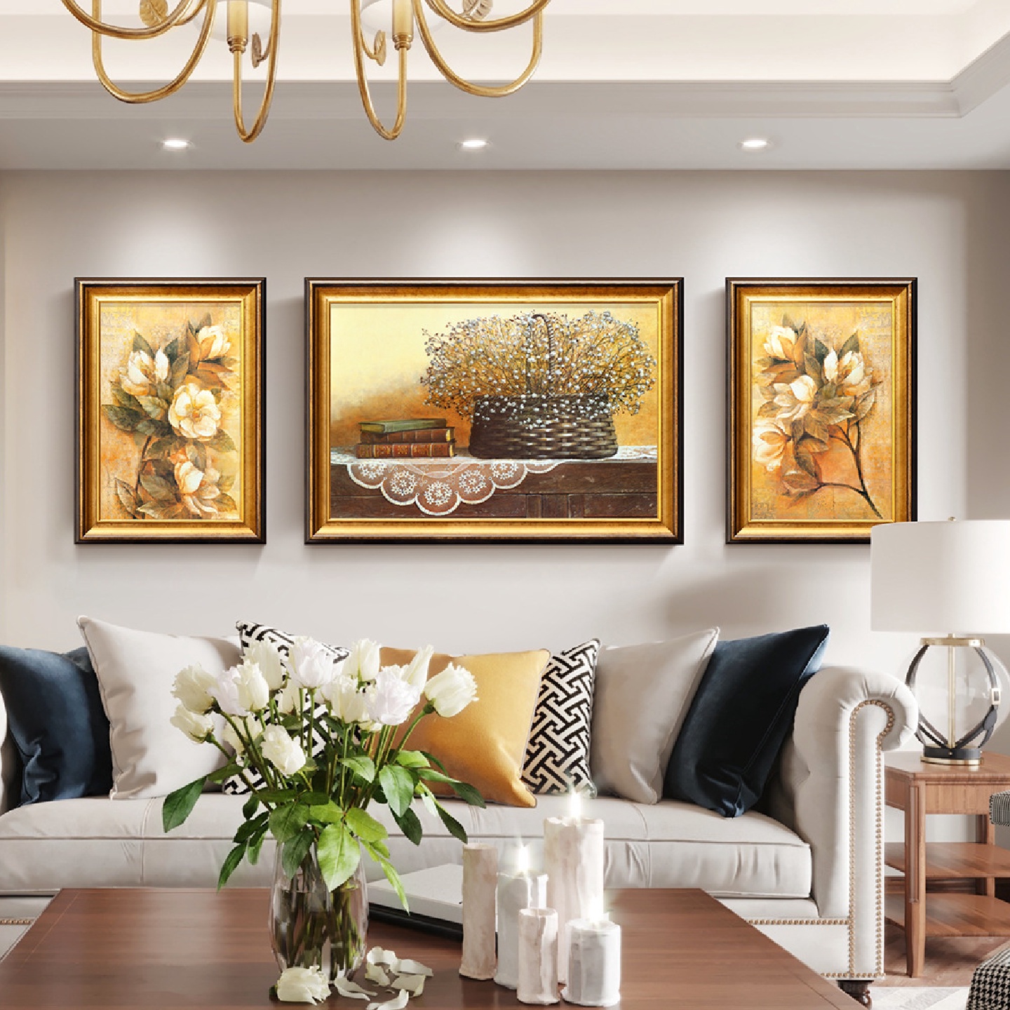 三联花卉欧式油画新中式沙发背景挂画简欧客厅装饰画美式静物壁画