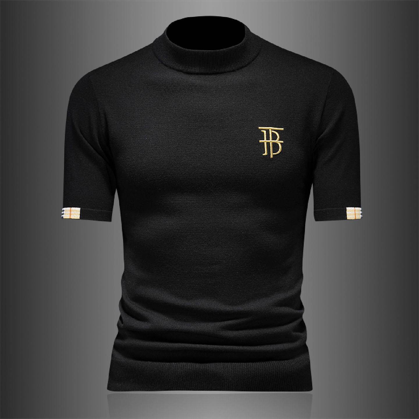 欧洲站刺绣保暖短袖毛衣男士秋冬季新款半高领针织半袖打底羊毛衫