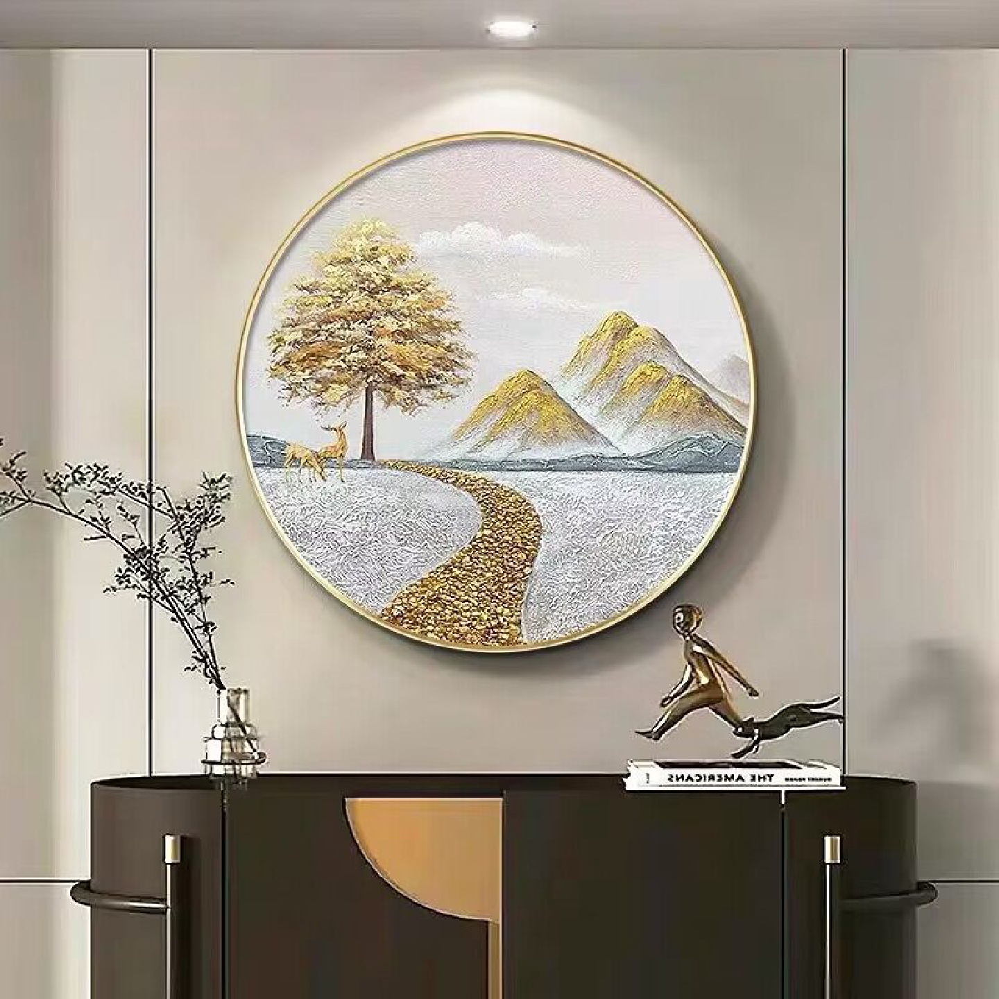 手绘油画背靠金山圆形餐厅装饰画发财树福鹿进财客厅入户玄关壁画图片