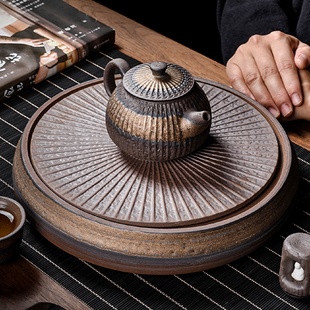 复古烧圆盘鎏金干泡盘家用办公室陶瓷茶盘简易蓄水茶台茶托盘 日式