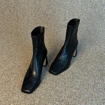 牛皮版法式方头高跟气质百搭瘦瘦靴女真皮英伦风后拉链弹力短靴