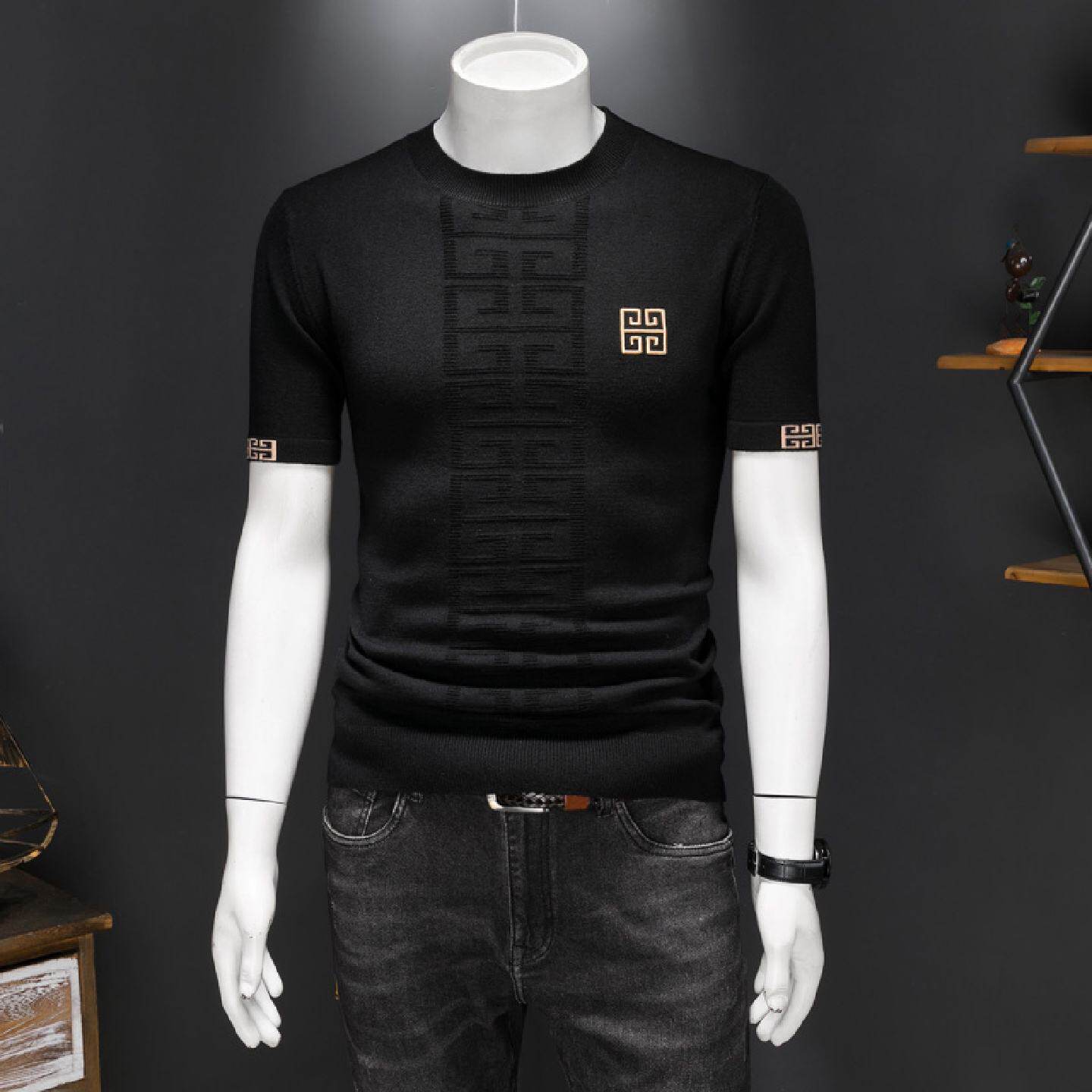 春装欧洲站男士短袖羊毛衫个性针织衫几何刺绣套头半袖圆领打底衫