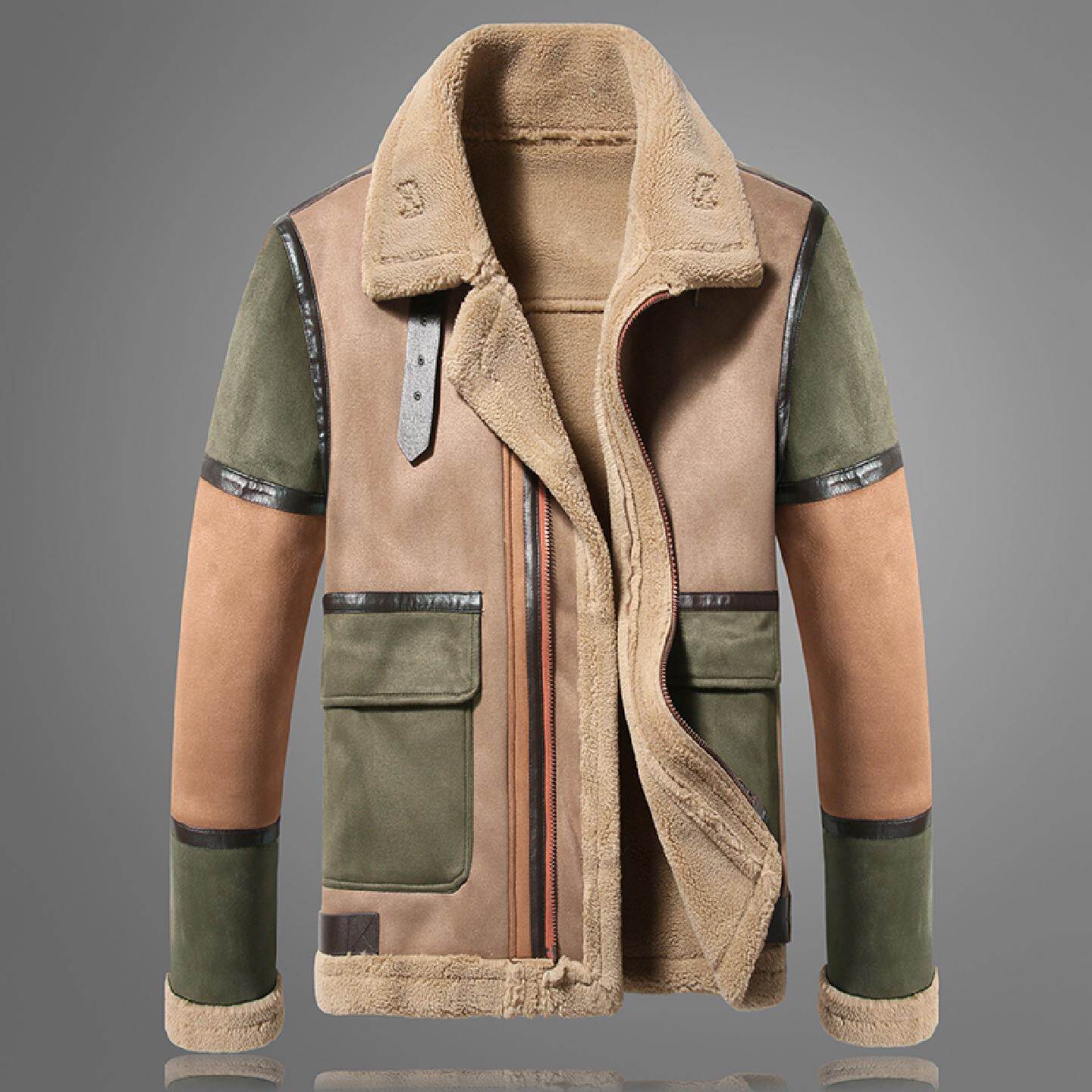 欧洲站棉衣外套男装冬季新款皮毛一体加绒加厚棉服麂皮绒休闲夹克