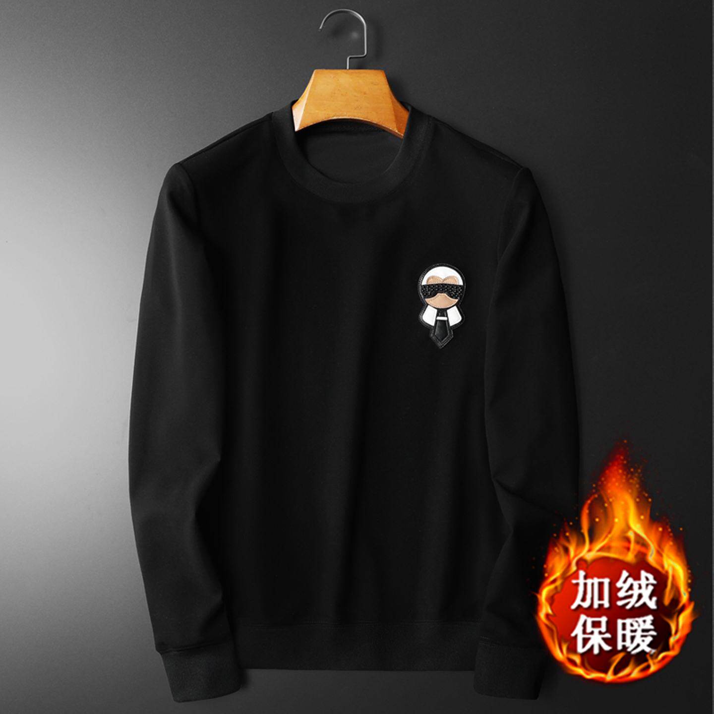 秋冬季高端加绒卫衣男圆领修身纯棉打底衫欧洲站潮牌大码长袖恤潮