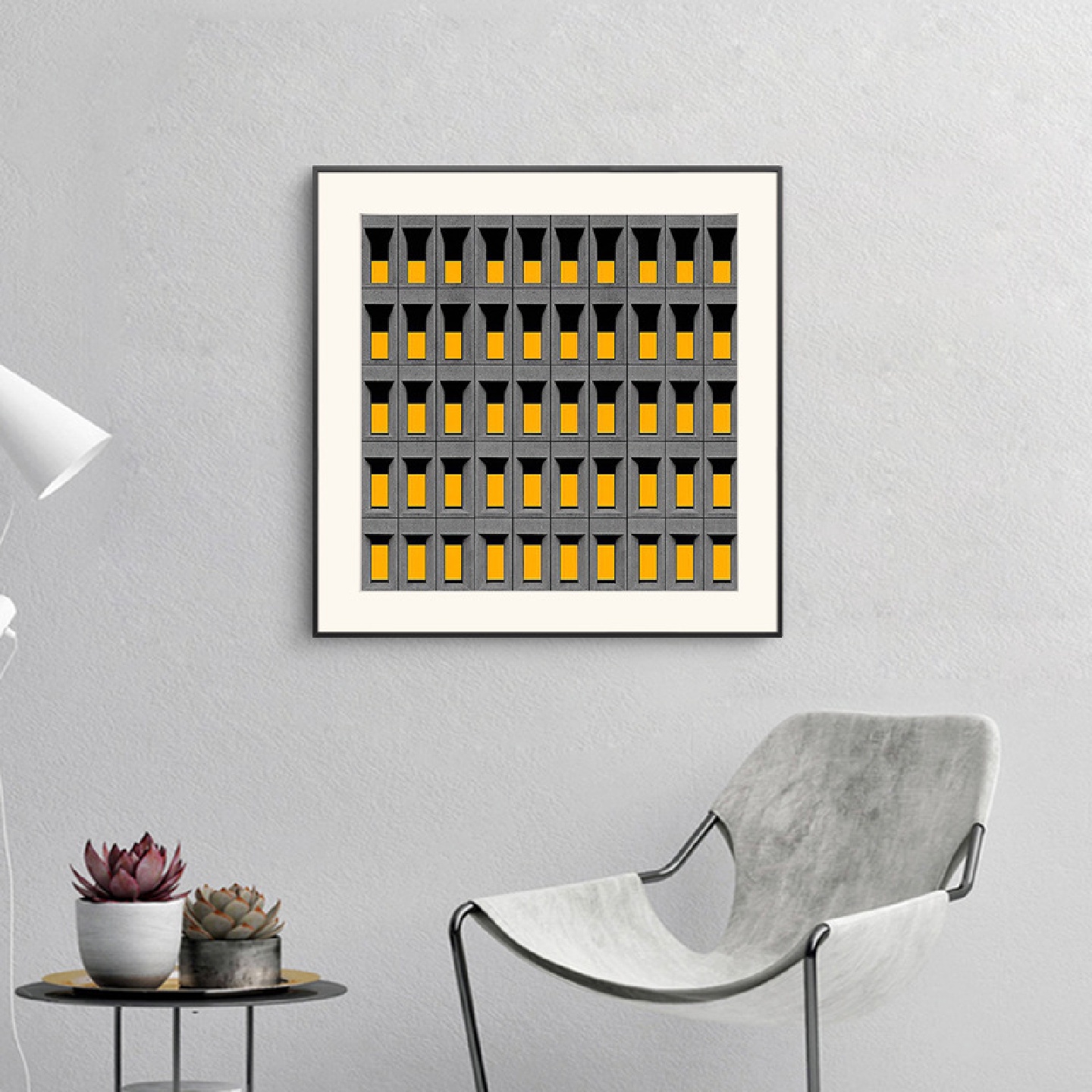 现代简约装饰画黄色建筑挂画书房客厅画正方形壁画灰色工业风画图片