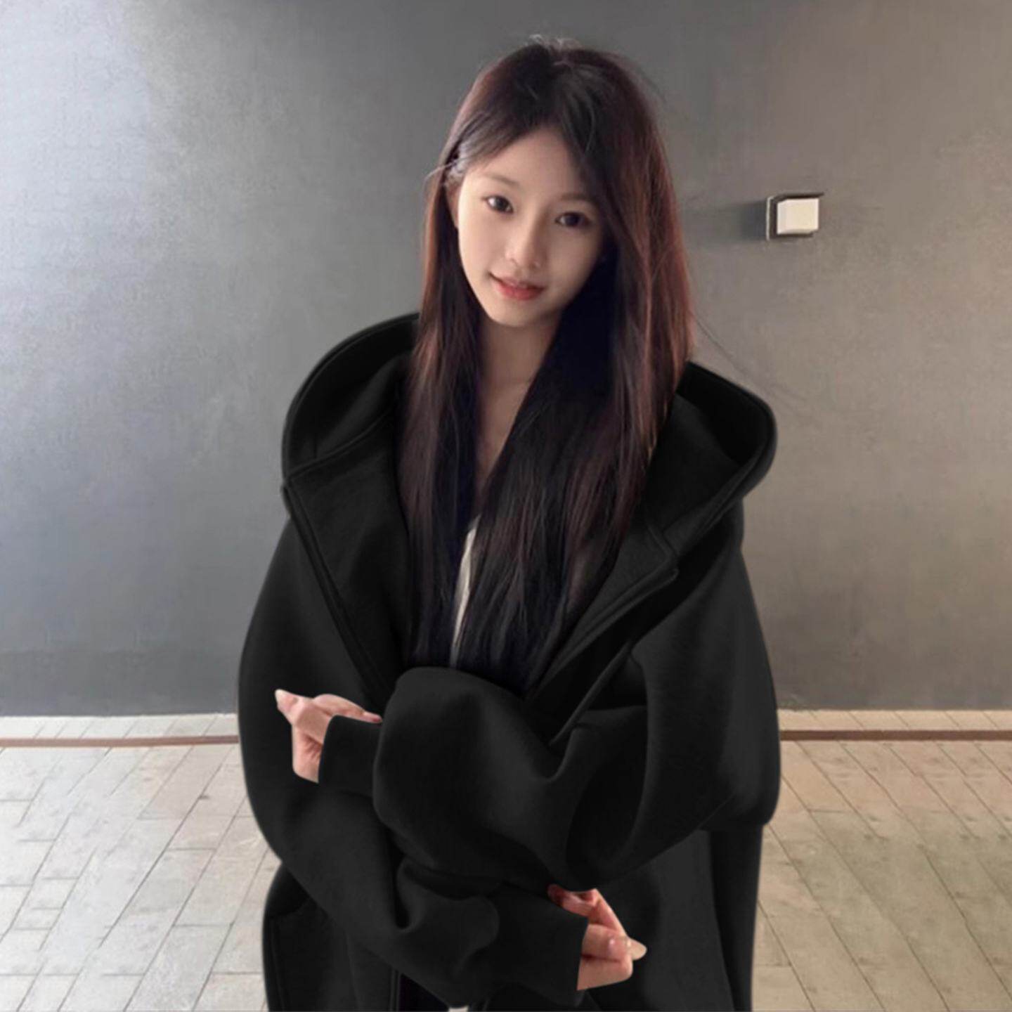 黑色卫衣外套女秋冬季穿搭2025新款宽松爆款韩系开衫早秋薄款上衣