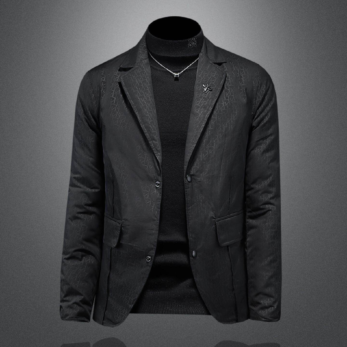 欧洲站羽绒服男装冬季新款修身韩版印花大码休闲西装领外套潮潮男