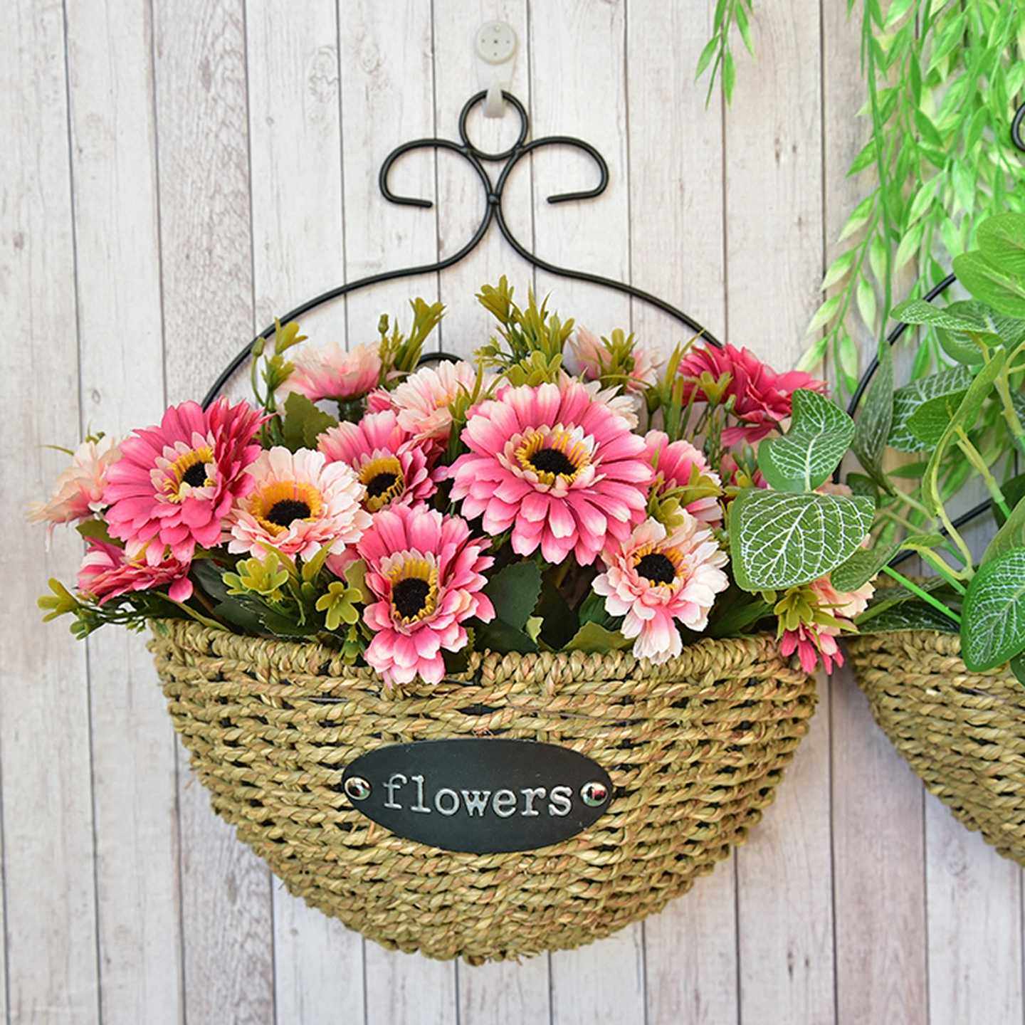 壁挂式铁艺藤编草编花篮田园风室内墙面装饰仿真花插花篮手工,家居饰品,花篮,淘宝优惠券,粉丝福利购,淘宝优惠卷