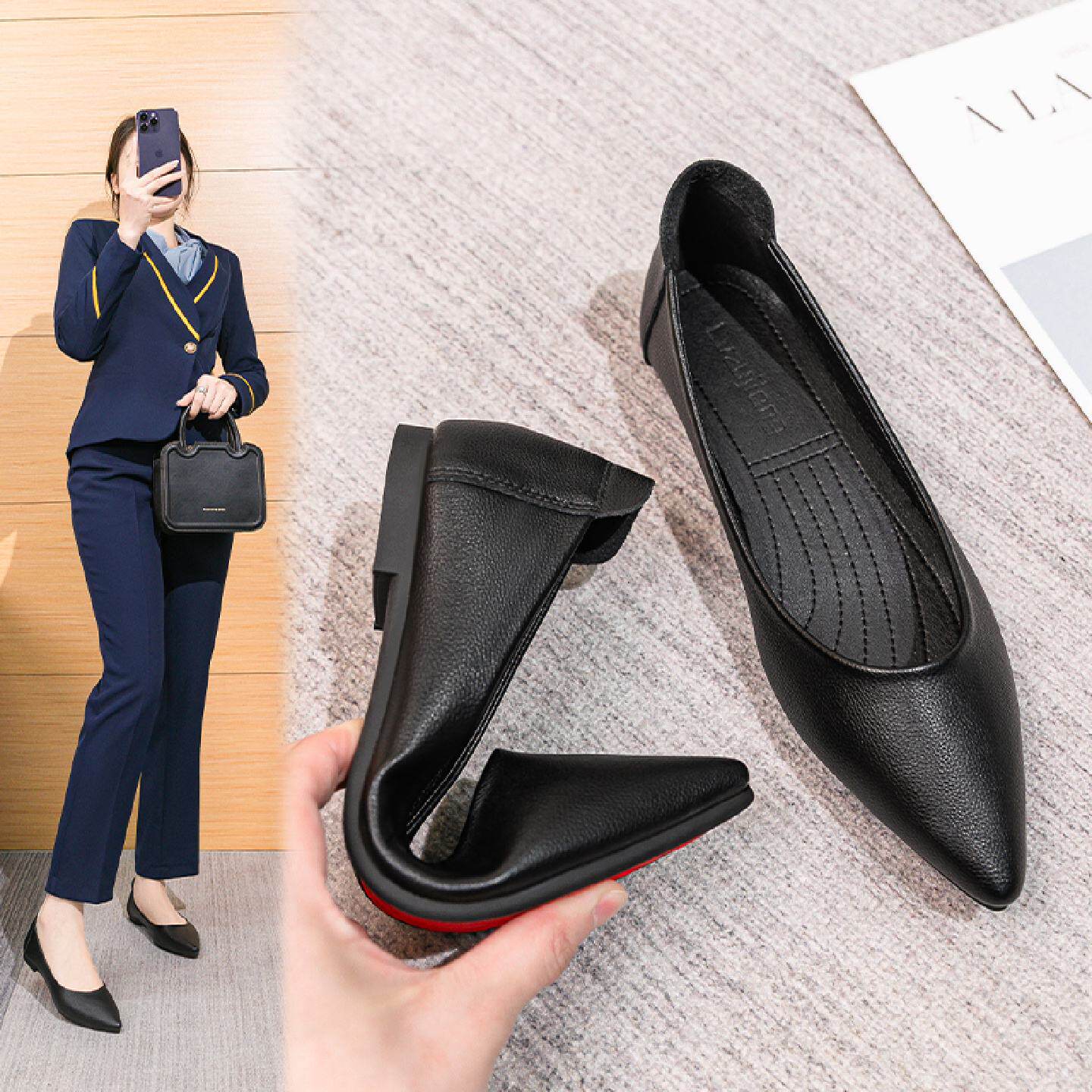 尖头平底真皮单鞋2025年工作鞋女软底舒适职业上班不累脚工装女鞋