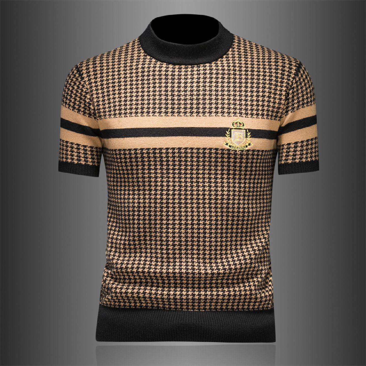 欧洲站千鸟格短袖羊毛针织衫男士秋冬季新款休闲刺绣毛衣打底潮男