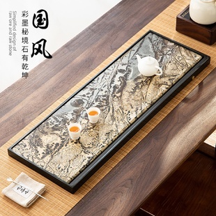 办公室高端储水茶托盘 天然整块国画石茶盘家用乌金石头茶台新中式