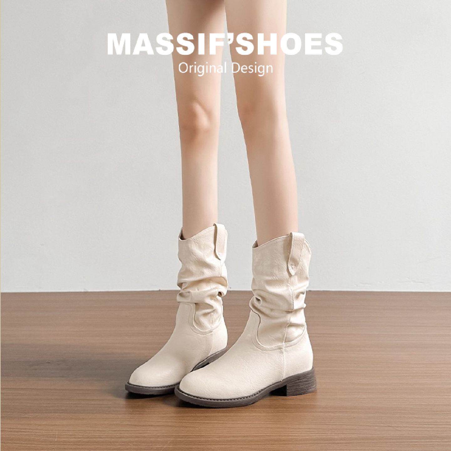 真皮白色短靴女2025新款秋冬加绒粗跟复古褶皱堆堆靴内增高马丁靴