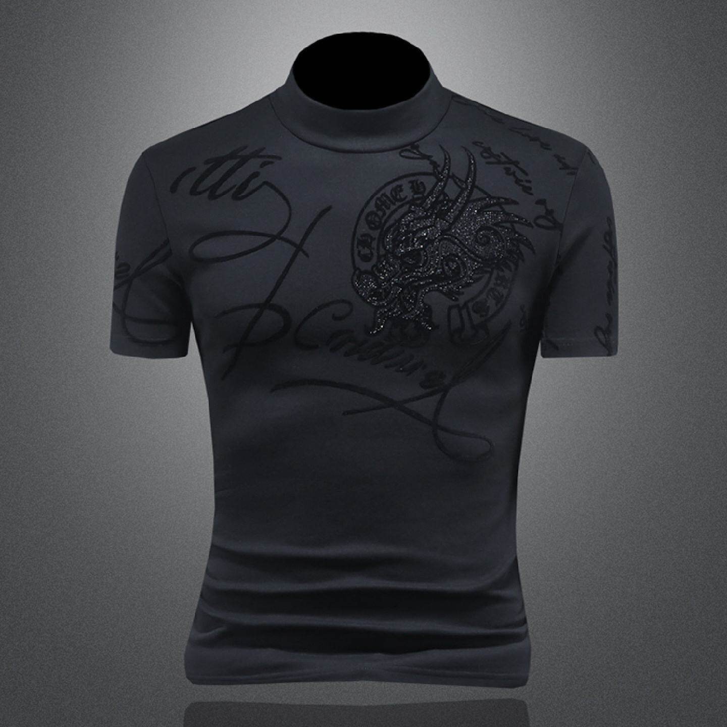 欧洲站半高领短袖恤男士植绒印花秋冬加绒加厚打底衫内搭上衣潮潮