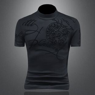 欧洲站半高领短袖恤男士植绒印花秋冬加绒加厚打底衫内搭上衣潮潮