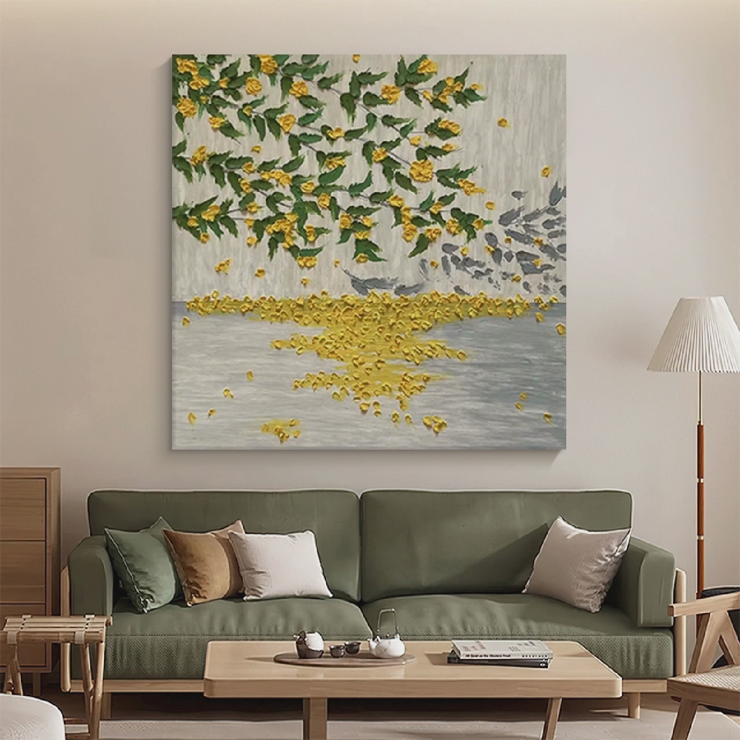 客厅金色桂花卉挂画纯手绘壁画玄关正方形装饰画丙烯肌理油画无框图片